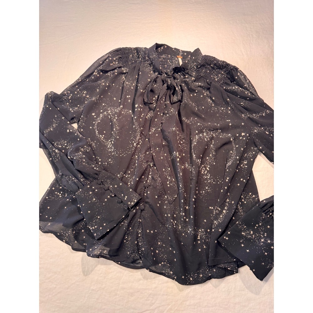 Free People Star Galaxy Print Bow Blouse Black Smocked Cuff Top Small